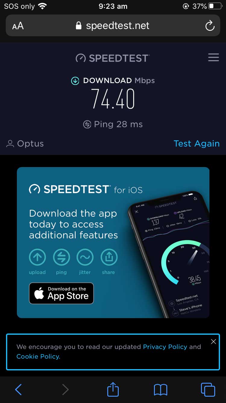 Another Speed Test with True Blue G Spotter MiMo antenna into Optus B818 Modem